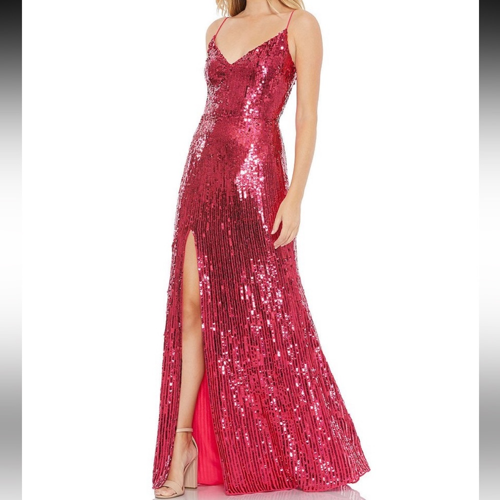 Mac Duggal Red Sequin Slit Evening Gown
